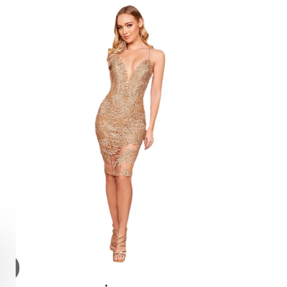 NADINE MERABI TALIA Gold Embroidered Midi Dress - Picture 3 of 10